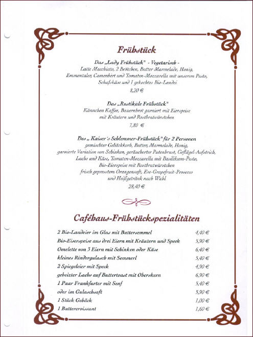 Frühstücks-Karte Wiener Cafehaus