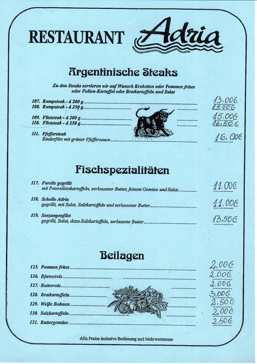 Speisekarte Adria